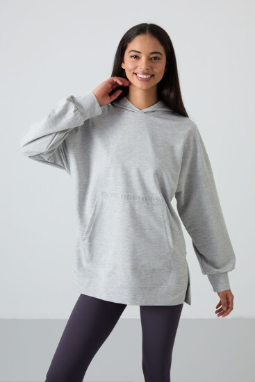 Gri Melanj Balon Kol Yazı Nakışlı Kadın Oversize Tunik Sweatshirt - 97163 