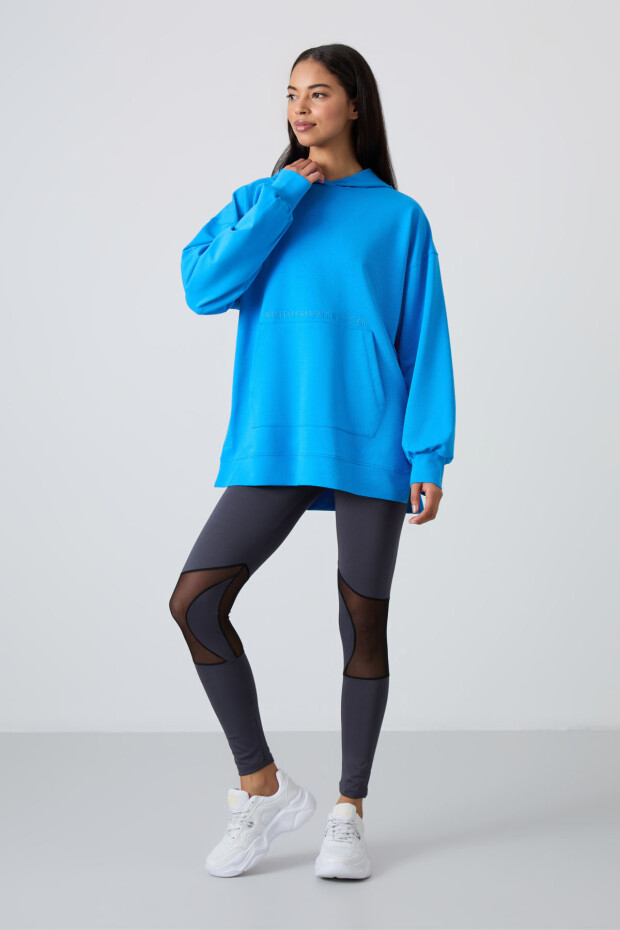 Mavi Balon Kol Yazı Nakışlı Kadın Oversize Tunik Sweatshirt - 97163