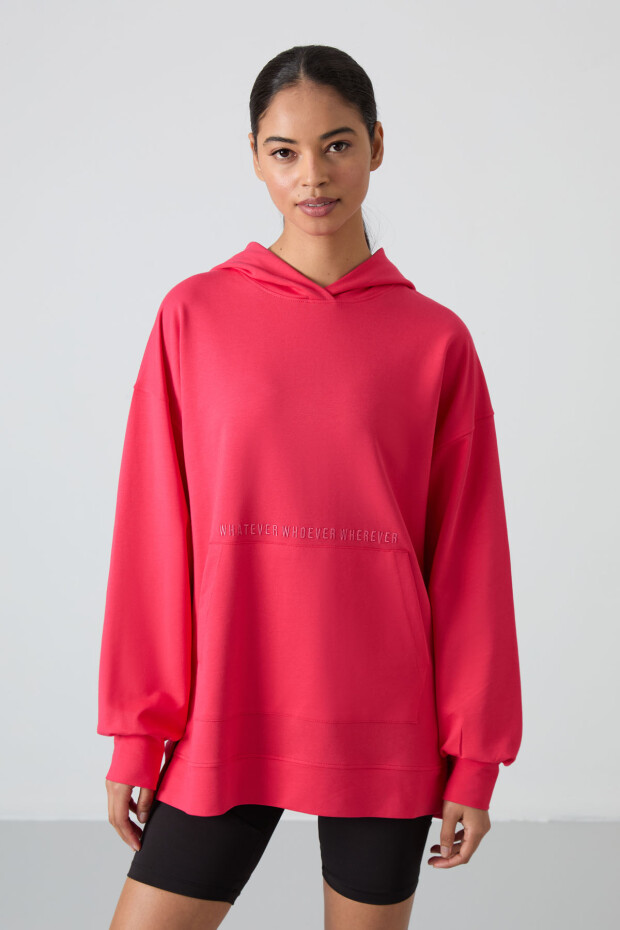 Viva Kırmızı Balon Kol Yazı Nakışlı Kadın Oversize Tunik Sweatshirt - 97163