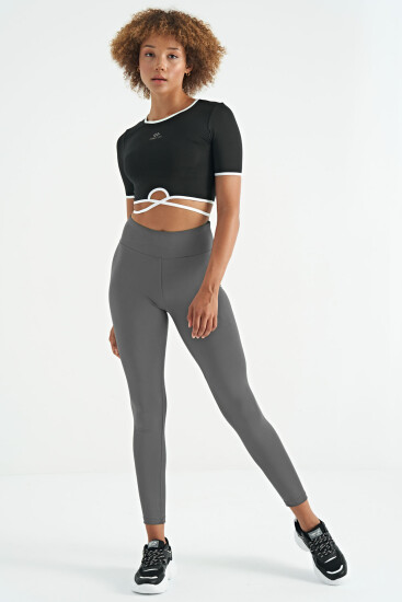 Koyu Gri Logo Baskı Detaylı Yüksek Bel Dalgıç Kumaş Slim Fit Kadın Tayt - 94627 - TOMMYLIFE (1)