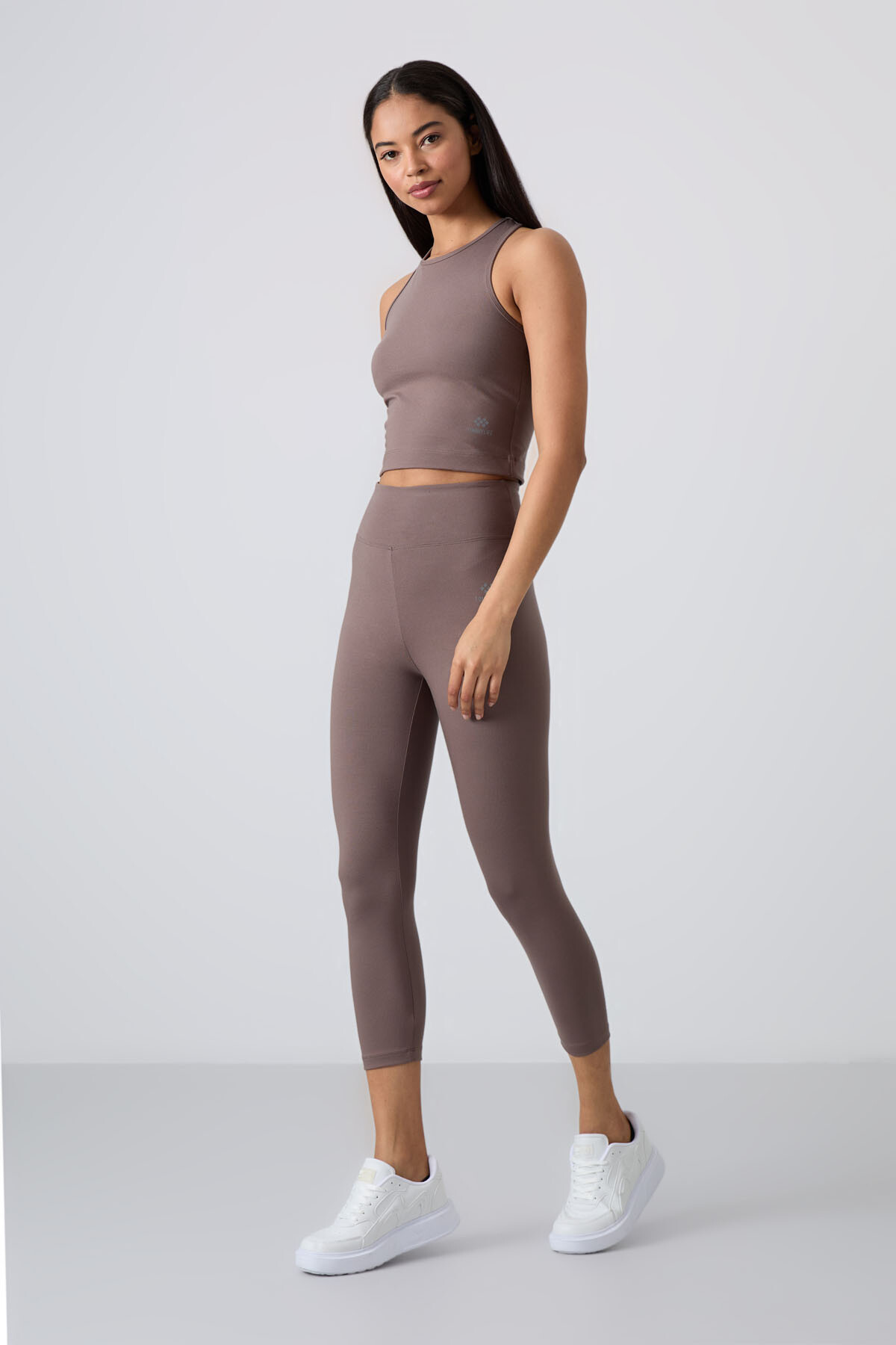 Kahverengi Yüksek Bel Kapri-Crop Atlet Slim Fit Kadın Tayt Takım - 95284 - TOMMYLIFE