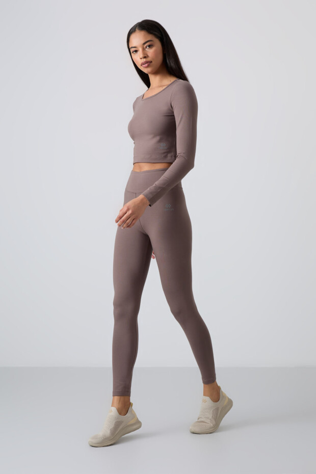 Kahvrengi Yüksek Bel Uzun Kollu Slim Fit Crop Top Kadın Tayt Takım - 95286 - 1