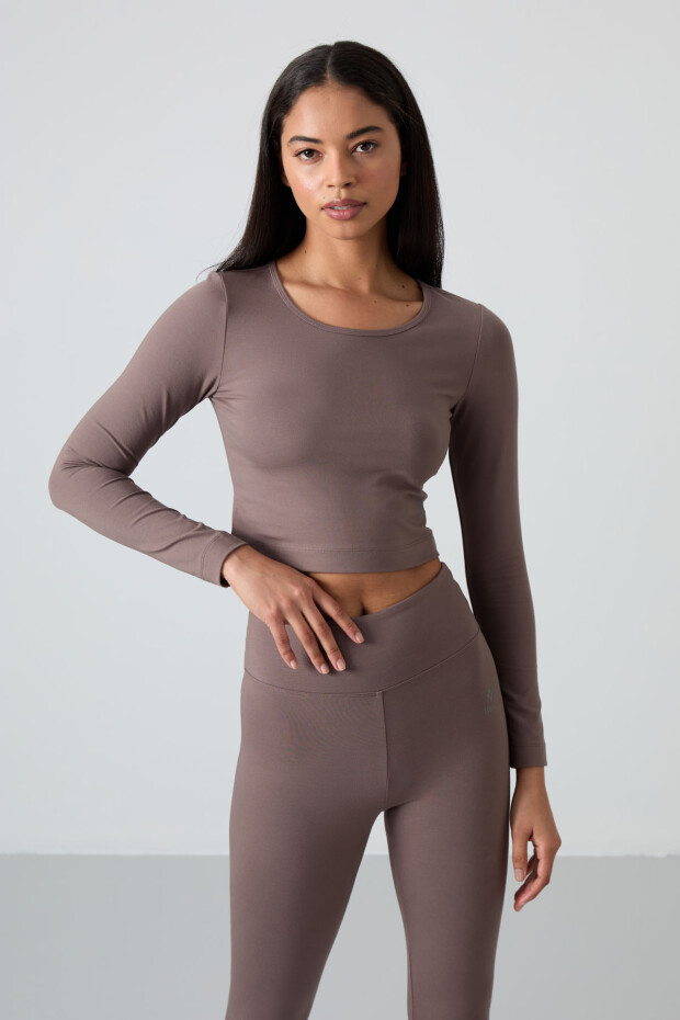 Kahvrengi Yüksek Bel Uzun Kollu Slim Fit Crop Top Kadın Tayt Takım - 95286 - 6