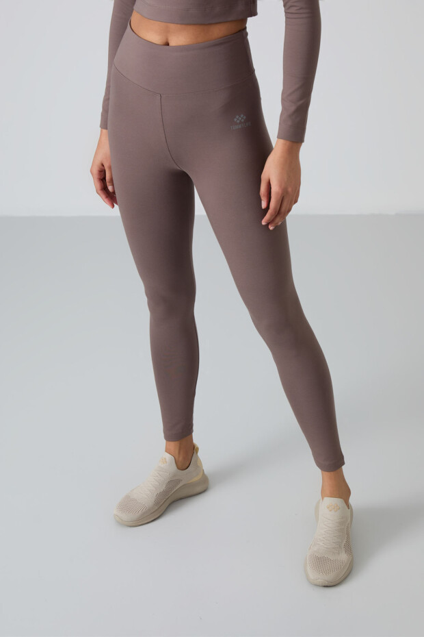 Kahvrengi Yüksek Bel Uzun Kollu Slim Fit Crop Top Kadın Tayt Takım - 95286 - 5