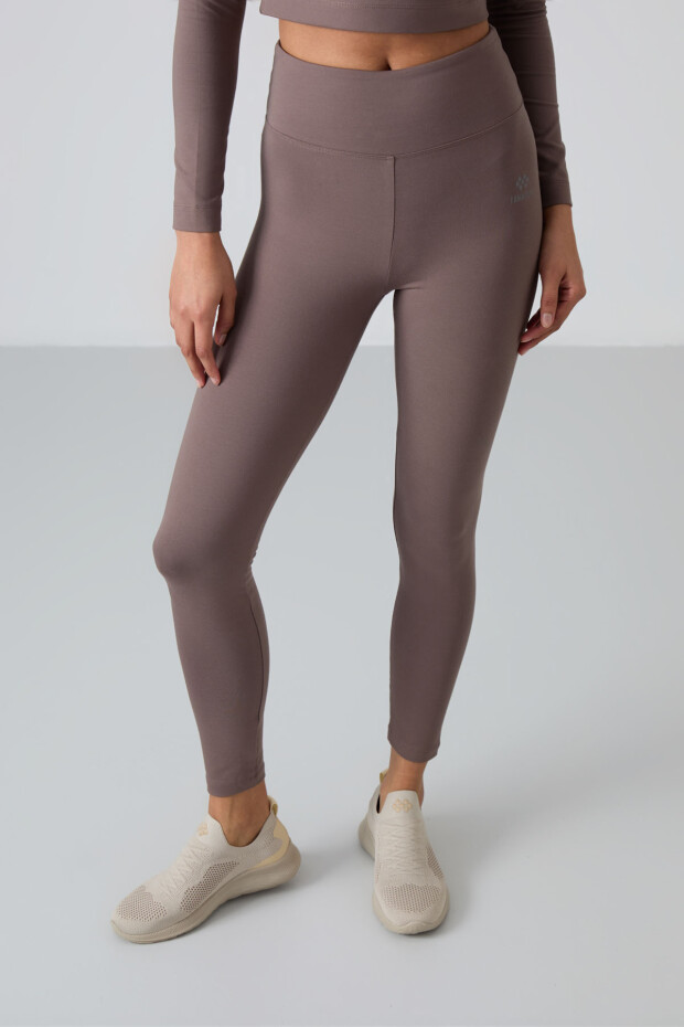 Kahvrengi Yüksek Bel Uzun Kollu Slim Fit Crop Top Kadın Tayt Takım - 95286 - 7