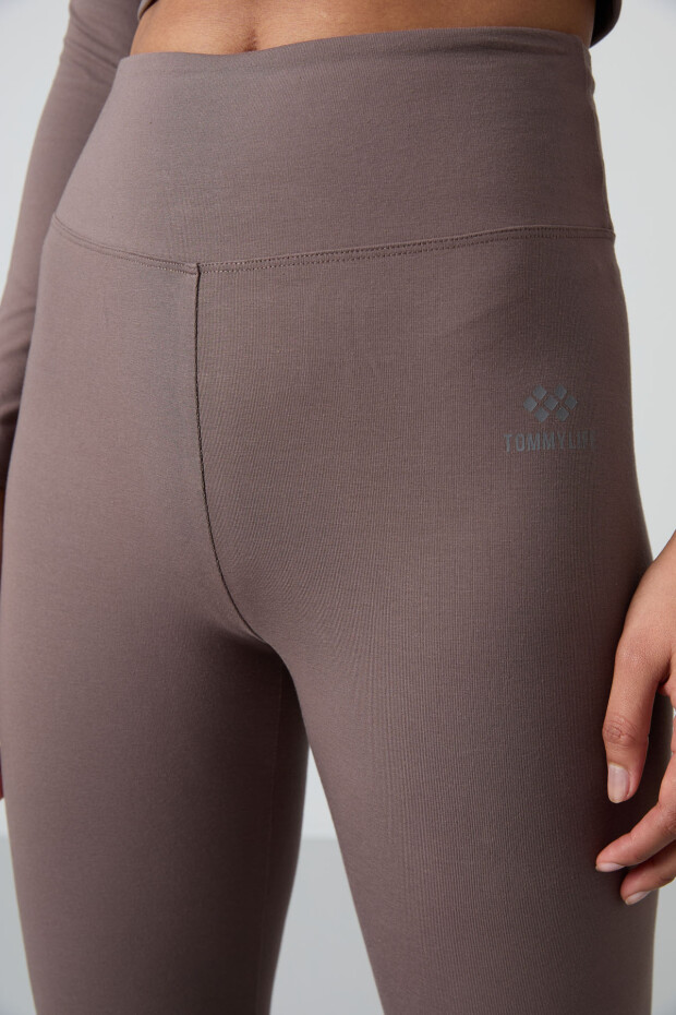 Kahvrengi Yüksek Bel Uzun Kollu Slim Fit Crop Top Kadın Tayt Takım - 95286 - 3