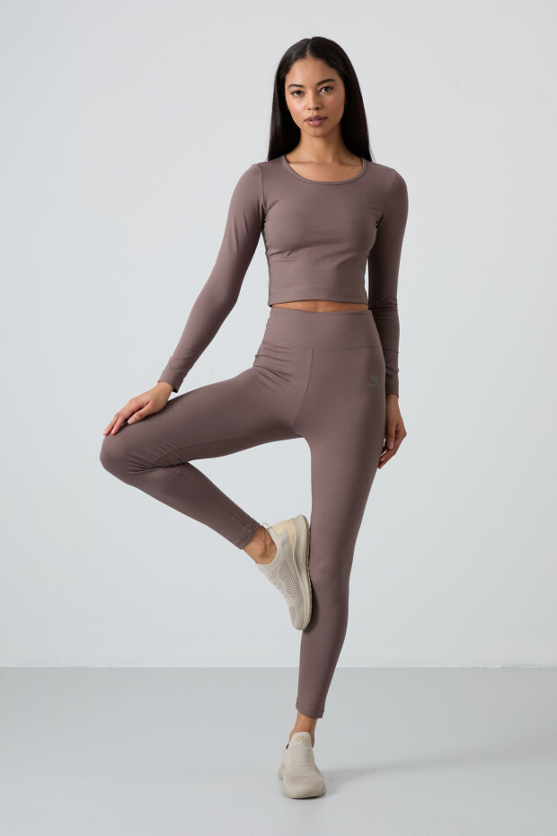 Kahvrengi Yüksek Bel Uzun Kollu Slim Fit Crop Top Kadın Tayt Takım - 95286 - 2