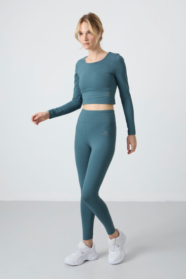 Orman Yeşili Yüksek Bel Uzun Kollu Slim Fit Crop Top Kadın Tayt Takım - 95286 