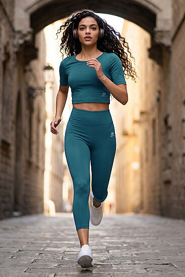 Orman Yeşili Yüksek Bel Kapri-Crop T-Shirt Slim Fit Kadın Tayt Takım - 95285 