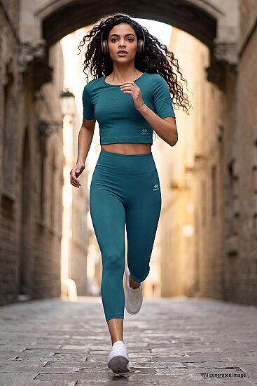 Orman Yeşili Yüksek Bel Kapri-Crop T-Shirt Slim Fit Kadın Tayt Takım - 95285 