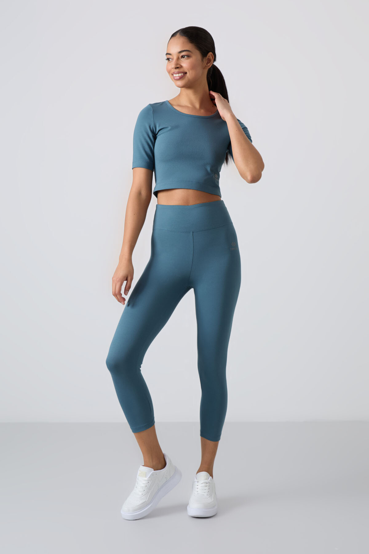 Orman Yeşili Yüksek Bel Kapri-Crop T-Shirt Slim Fit Kadın Tayt Takım - 95285 - TOMMYLIFE