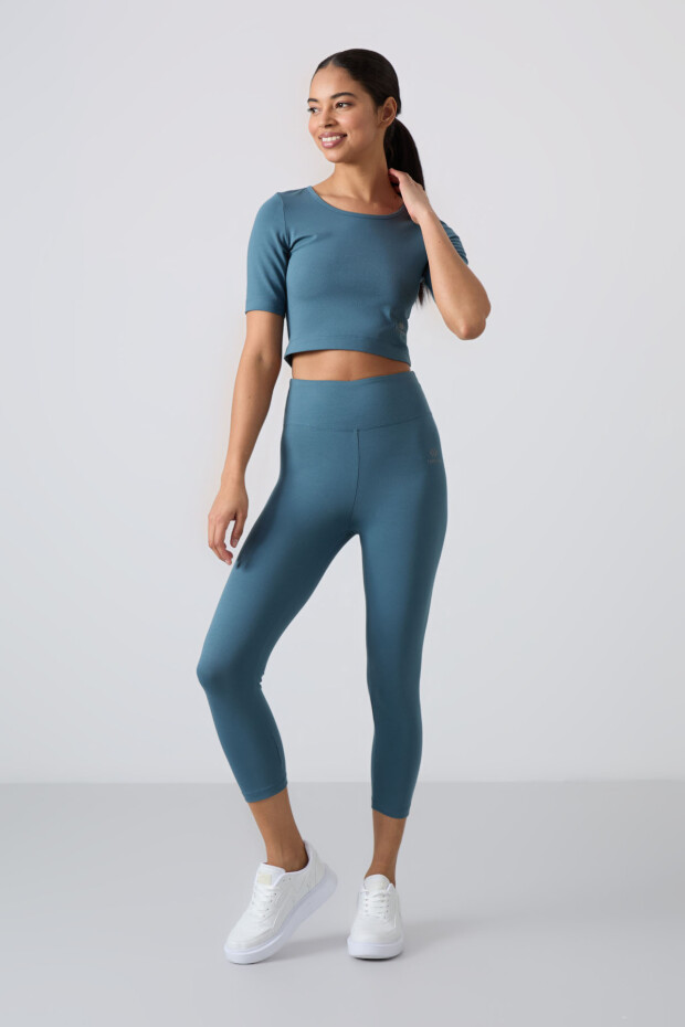 Orman Yeşili Yüksek Bel Kapri-Crop T-Shirt Slim Fit Kadın Tayt Takım - 95285 - 1