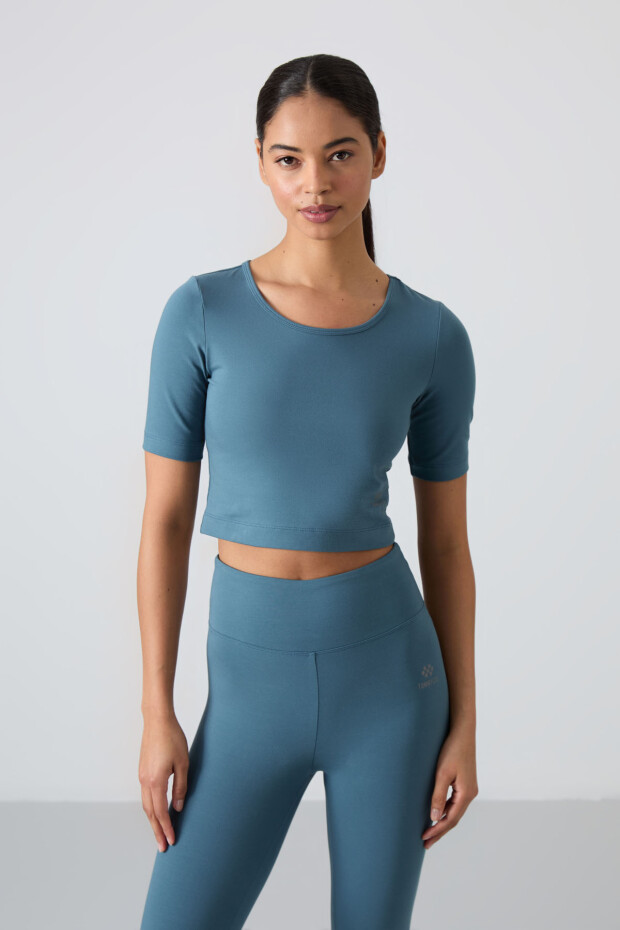 Orman Yeşili Yüksek Bel Kapri-Crop T-Shirt Slim Fit Kadın Tayt Takım - 95285 - 5