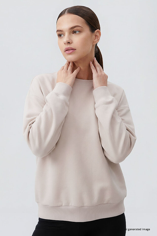 Bej Basic O Yaka Oversize Kadın Sweatshirt - 97053 - 3