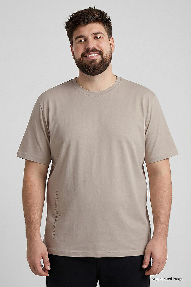 Bej Baskılı O Yaka Rahat Form Battal Büyük Beden Erkek T-Shirt - 88472 - 1