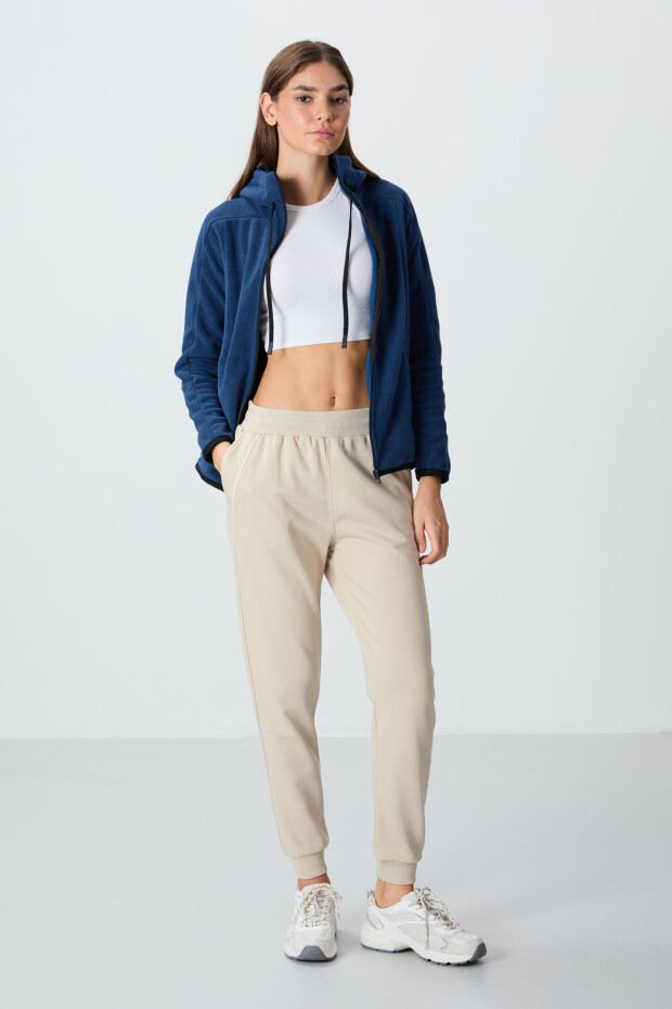 Bej Kompakt Pamuklu Kalın Pürüzsüz Dokulu Standart Fit Kadın Eşofman Altı - 94660 - 1