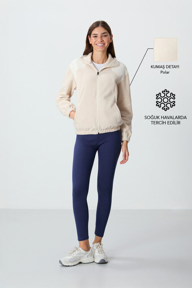 Bej Kalın Yumuşak Dokulu Dik Yaka Oversize Nakışlı Polar Kadın Sweatshirt - 97293 - 2