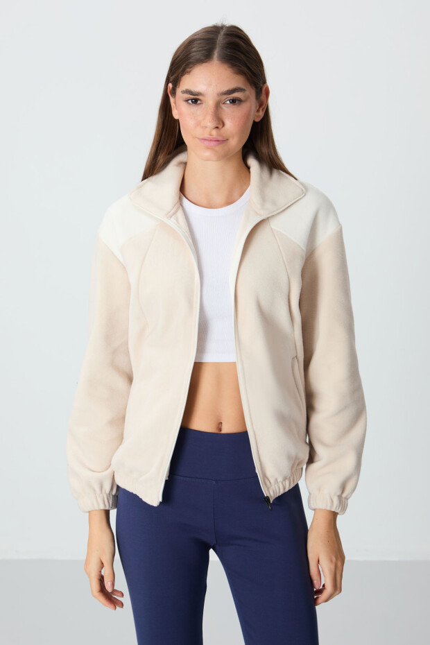 Bej Kalın Yumuşak Dokulu Dik Yaka Oversize Nakışlı Polar Kadın Sweatshirt - 97293 - 5