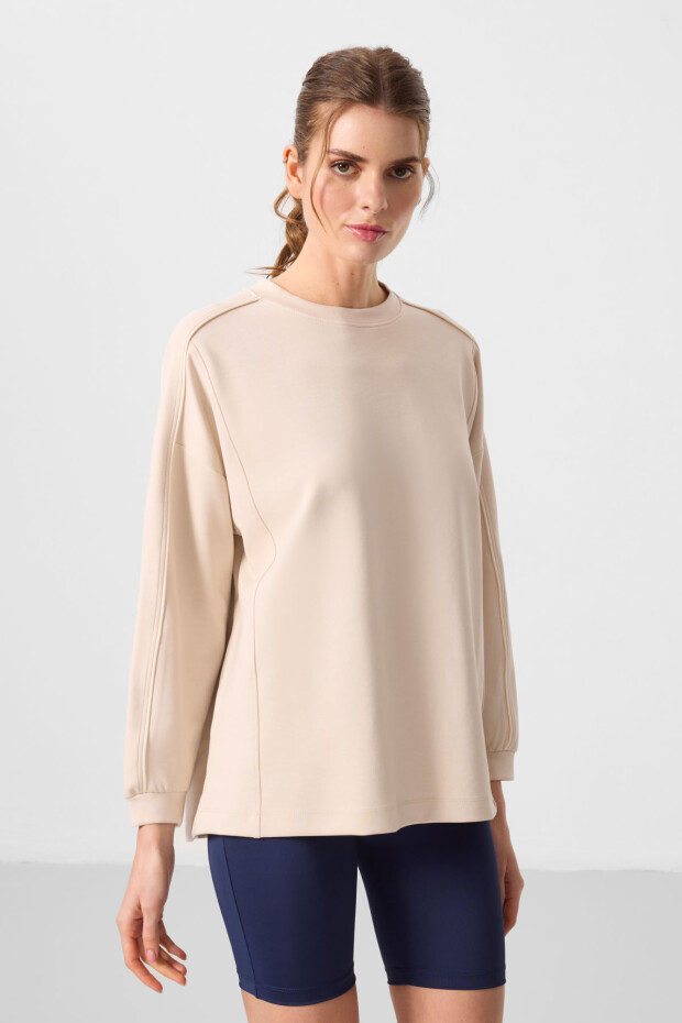 Bej Yumuşak Dokulu O Yaka Oversize Kadın Tunik Sweatshirt - 97303 - 4