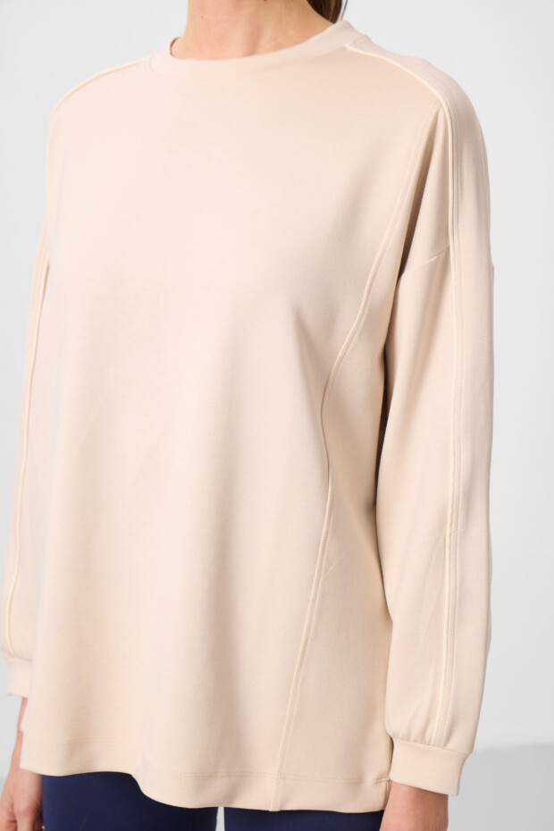 Bej Yumuşak Dokulu O Yaka Oversize Kadın Tunik Sweatshirt - 97303 - 3