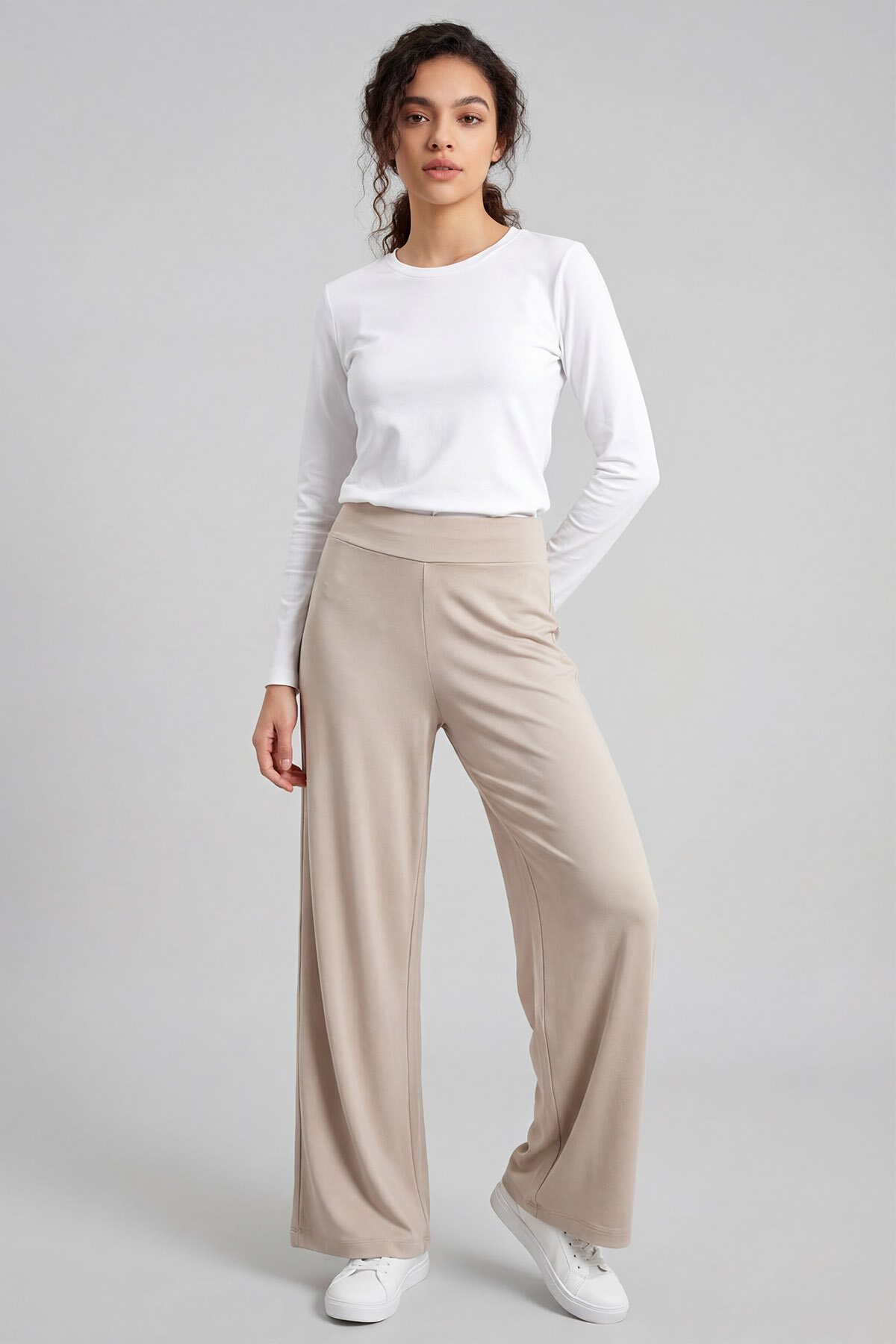 Bej Comfort Fit Geniş Paça Korsajlı Palazzo Kadın Pantolon - 94681 - TOMMYLIFE (1)