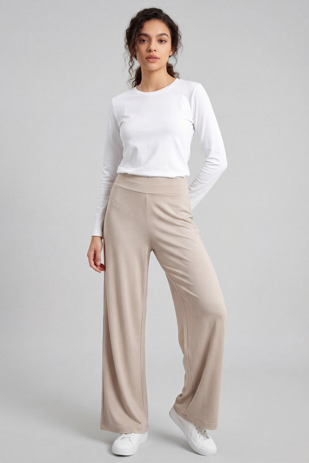 Bej Comfort Fit Geniş Paça Korsajlı Palazzo Kadın Pantolon - 94681 - 2