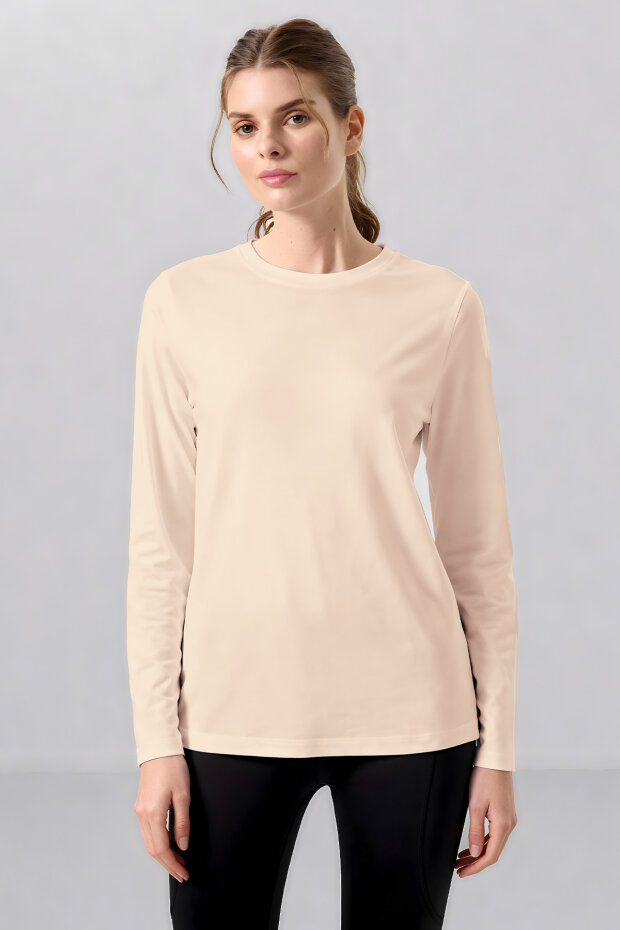 Bej O Yaka Standart Fit Uzun Kollu Basic Kadın T-Shirt - 97312 - 2