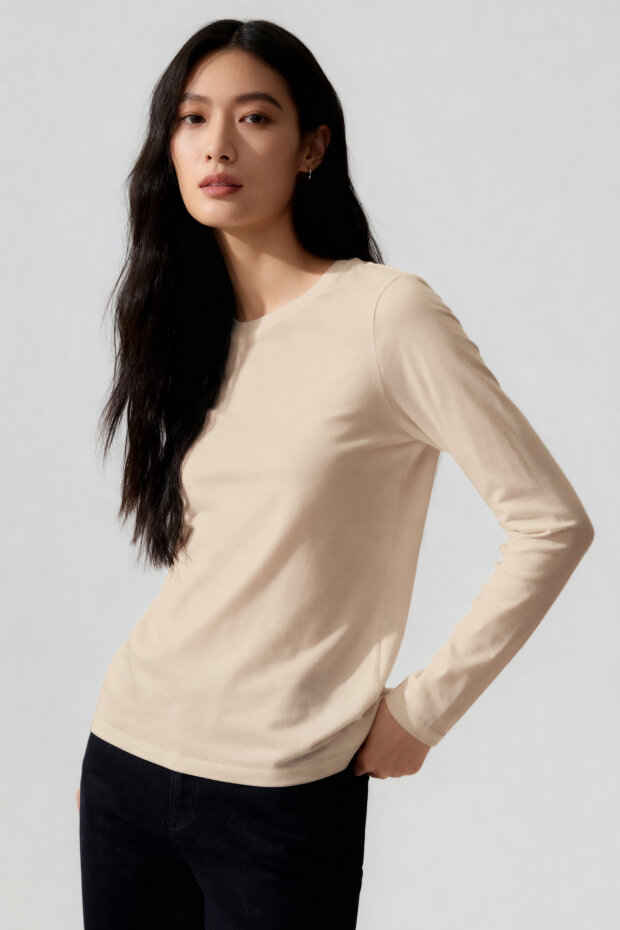 Bej O Yaka Slim Fit Uzun Kollu Basic Kadın T-Shirt - 97312 - 2