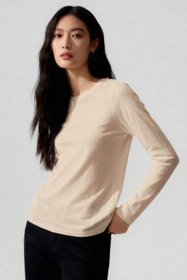 Bej O Yaka Standart Fit Uzun Kollu Basic Kadın T-Shirt - 97312 - TOMMYLIFE (1)