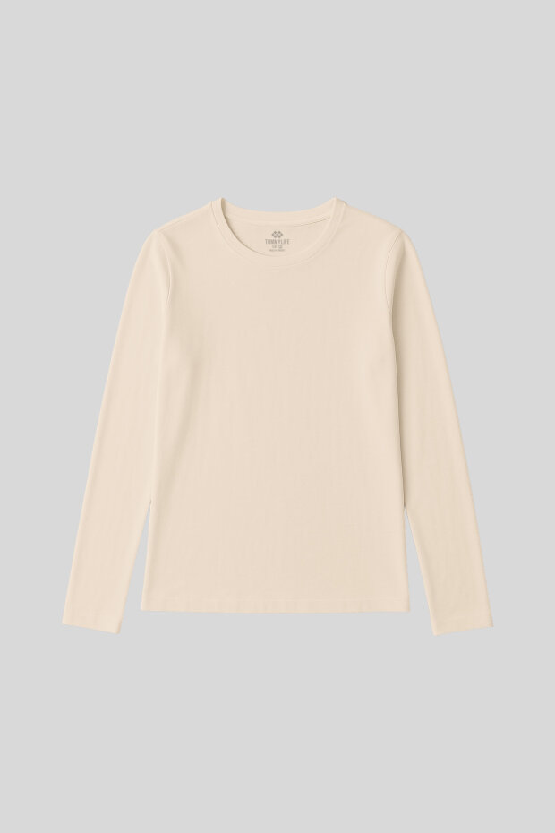 Bej O Yaka Standart Fit Uzun Kollu Basic Kadın T-Shirt - 97312 - 1