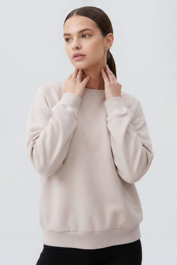 Bej Basic O Yaka Oversize Kadın Sweatshirt - 97053 - 1