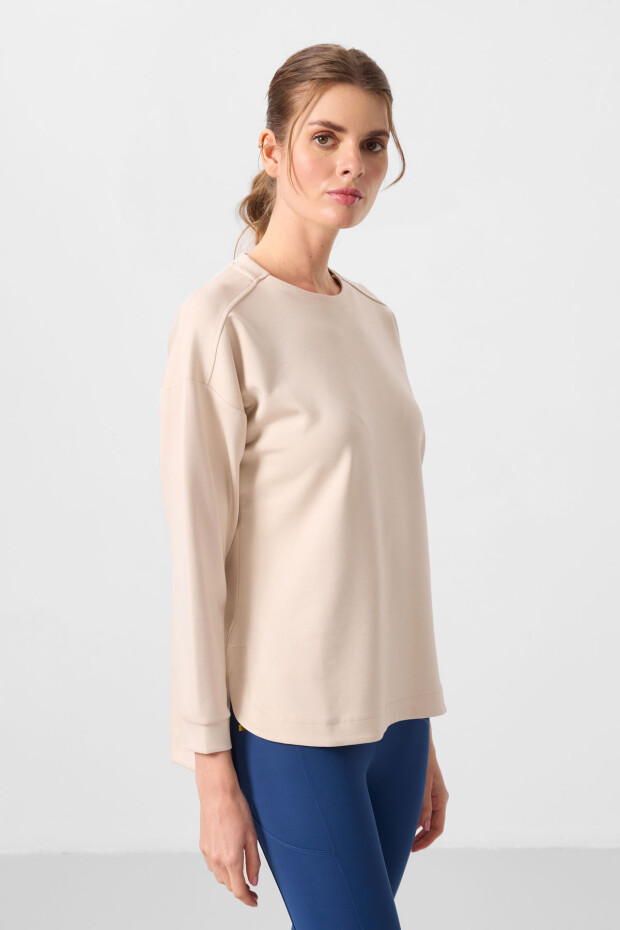Bej Yumuşak Dokulu O Yaka Rahat Form Kadın Tunik Sweatshirt - 97305 - 4