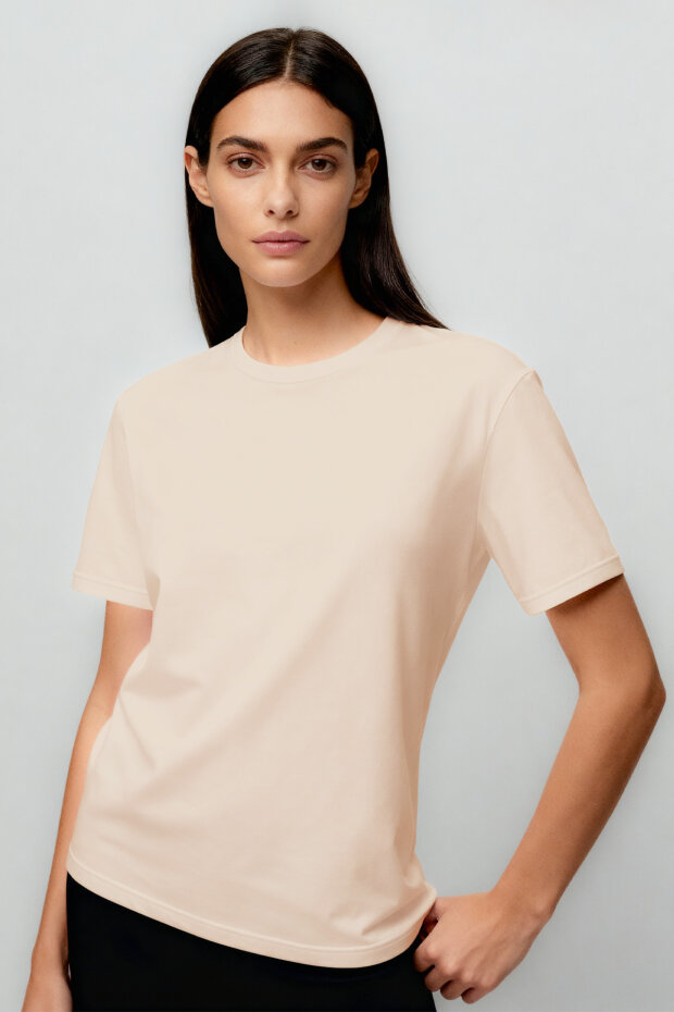Bej O Yaka Standart Fit Basic Kadın T-Shirt - 97311 - 2