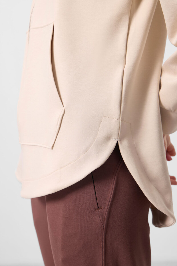 Bej Yumuşak Dokulu Kapüşonlu Oversize Kadın Tunik Sweatshirt - 97302 - 3
