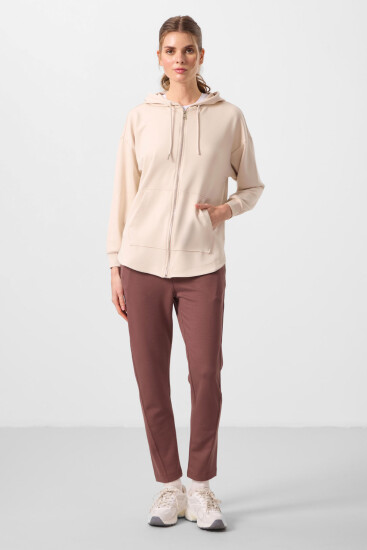 Bej Yumuşak Dokulu Kapüşonlu Oversize Kadın Tunik Sweatshirt - 97302 - TOMMYLIFE (1)