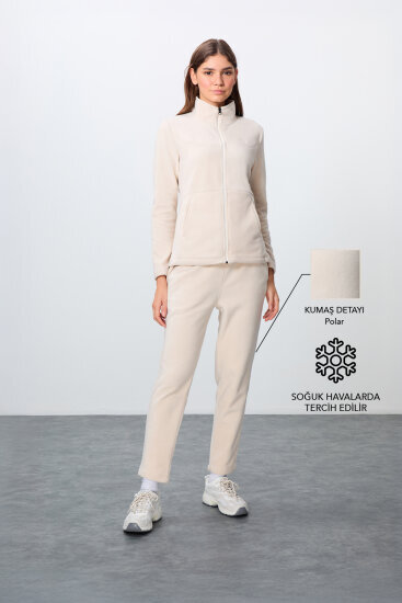 Bej Kalın Yumuşak Dokulu Dik Yaka Oversize Nakışlı Polar Kadın Eşofman Takım -95339 