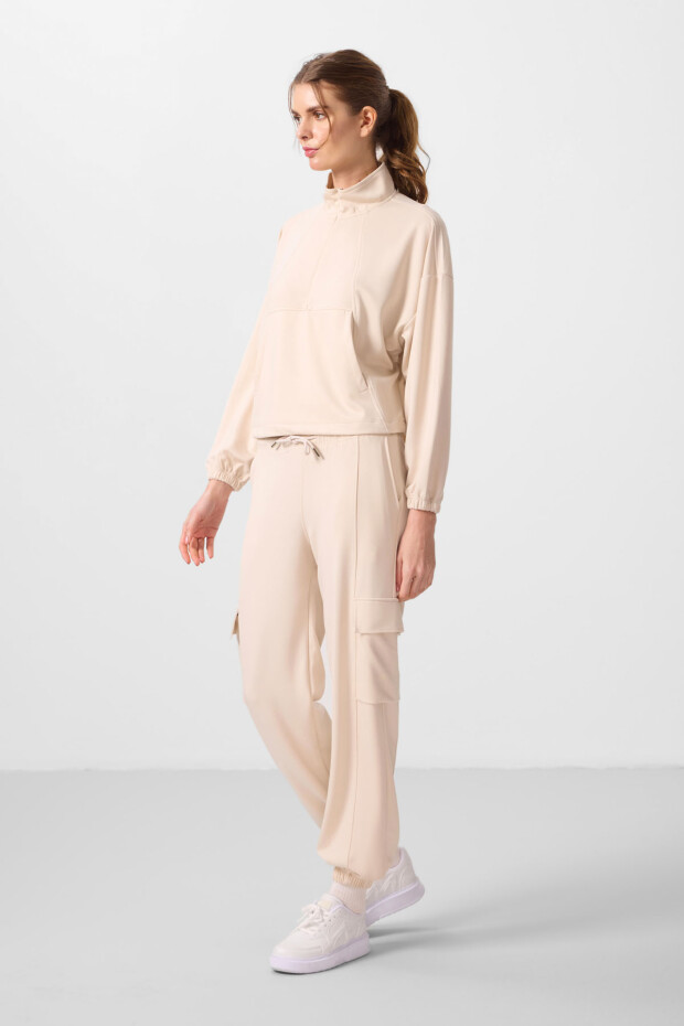 Bej Yumuşak Dokulu Dik Yaka Gizli Fermuarlı Oversize Kadın Eşofman Takım - 95351 - 5