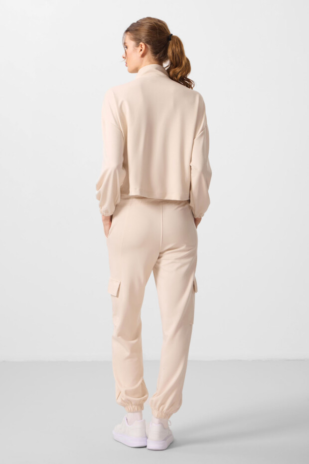 Bej Yumuşak Dokulu Dik Yaka Gizli Fermuarlı Oversize Kadın Eşofman Takım - 95351 - 7