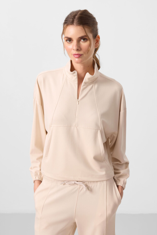 Bej Yumuşak Dokulu Dik Yaka Gizli Fermuarlı Oversize Kadın Eşofman Takım - 95351 - 3