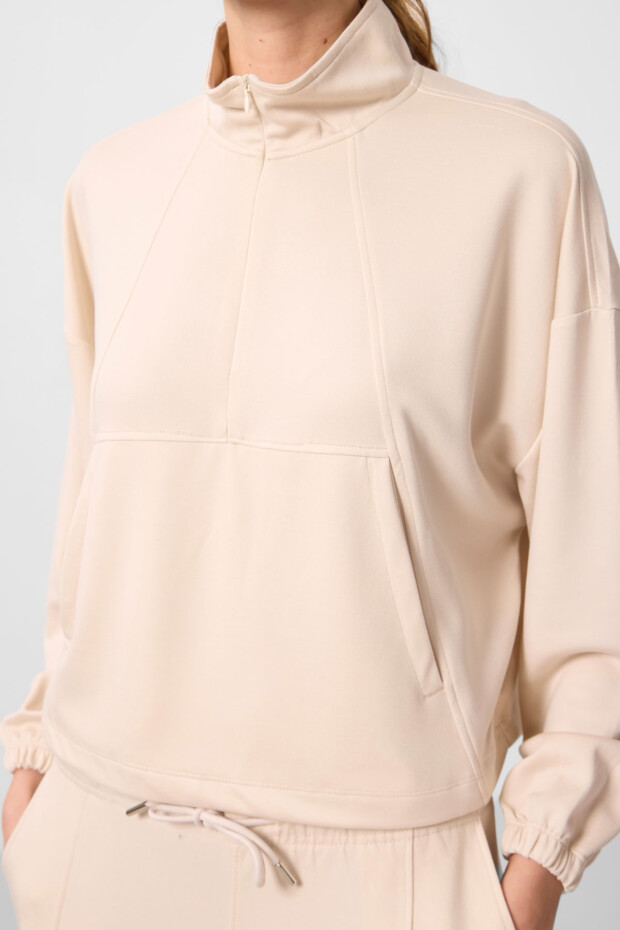 Bej Yumuşak Dokulu Dik Yaka Gizli Fermuarlı Oversize Kadın Eşofman Takım - 95351 - 6