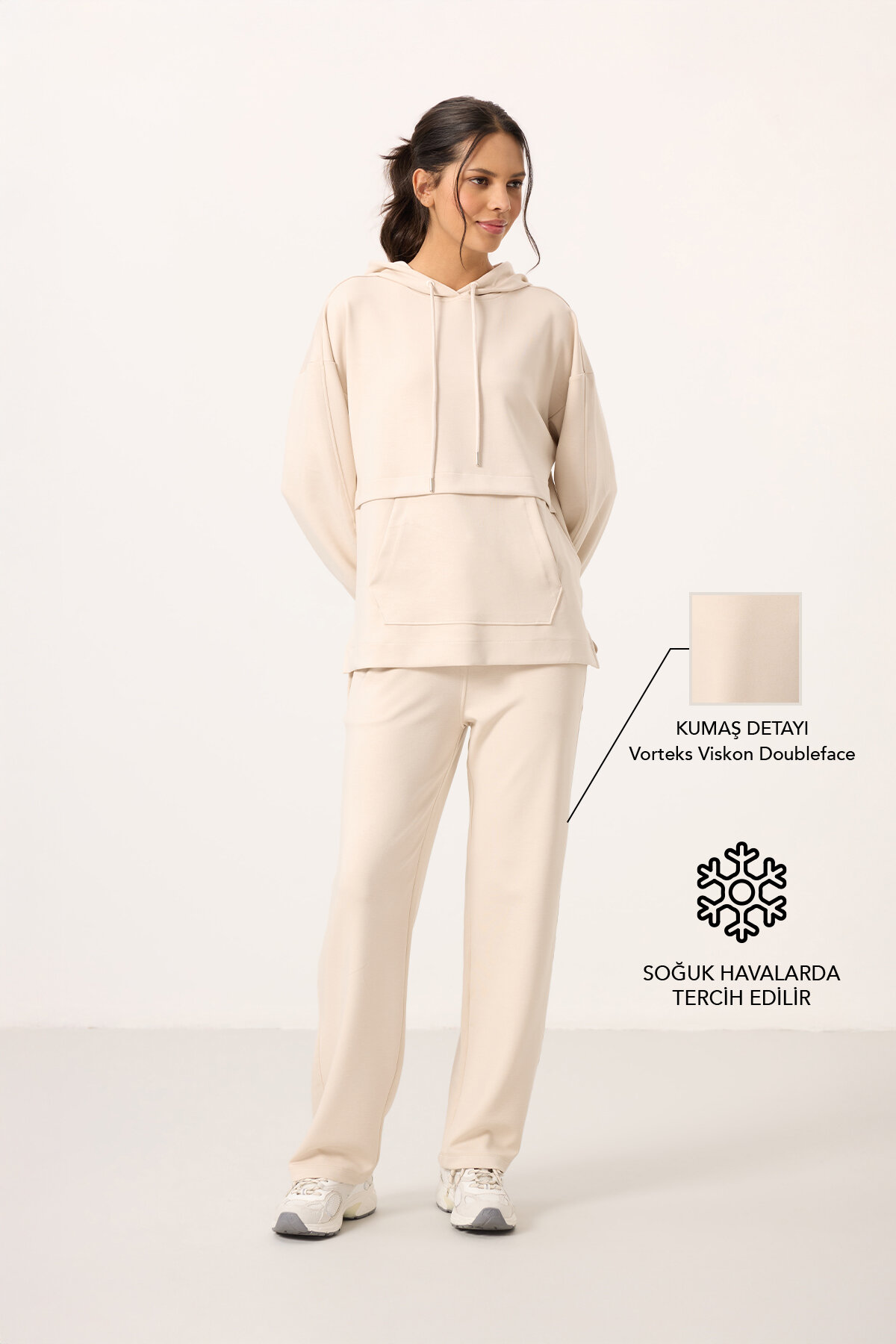 Bej Yumuşak Dokulu Kapüşonlu Oversize Kadın Eşofman Tunik Takım - 95348 - TOMMYLIFE