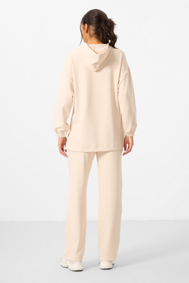 Bej Yumuşak Dokulu Kapüşonlu Oversize Kadın Eşofman Tunik Takım - 95348 - 7