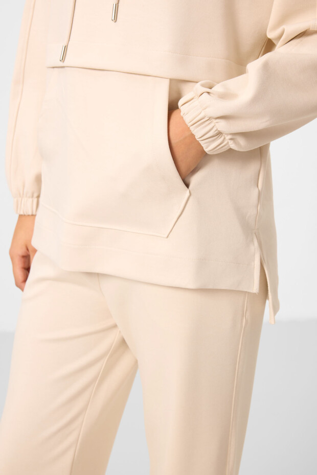 Bej Yumuşak Dokulu Kapüşonlu Oversize Kadın Eşofman Tunik Takım - 95348 - 5