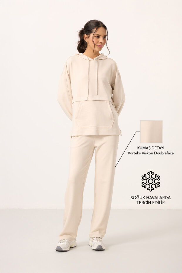 Bej Yumuşak Dokulu Kapüşonlu Oversize Kadın Eşofman Tunik Takım - 95348 - 1