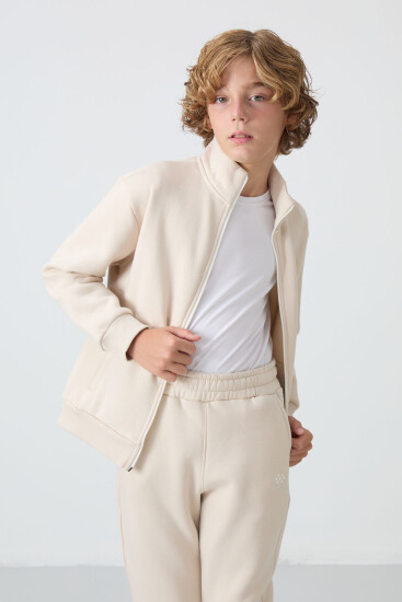 Bej Pamuklu Kalın İçi Tüylü Yumuşak Dokulu Standart Fit Nakışlı Erkek Çocuk Eşofman Takım - 11256 - TOMMYLIFE (1)