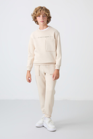 Bej Pamuklu Kalın İçi Tüylü Yumuşak Dokulu Standart Fit Baskılı Erkek Çocuk Eşofman Takım - 11257 - TOMMYLIFE