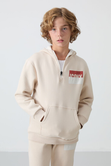 Bej Pamuklu Kalın İçi Tüylü Yumuşak Dokulu Standart Fit Baskılı Erkek Çocuk Eşofman Takım - 11246 - TOMMYLIFE (1)