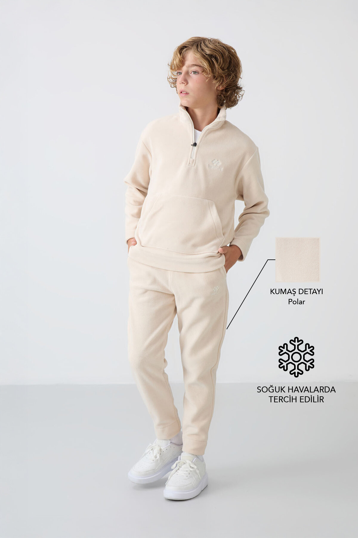 Bej Kalın Yumuşak Dokulu Standart Fit Nakışlı Polar Erkek Çocuk Eşofman Takım - 11218 - TOMMYLIFE