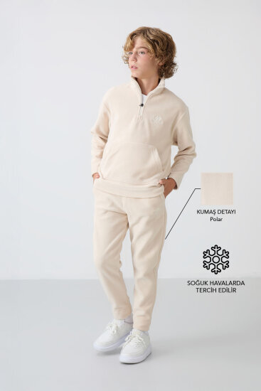 Bej Kalın Yumuşak Dokulu Standart Fit Nakışlı Polar Erkek Çocuk Eşofman Takım - 11218 - TOMMYLIFE