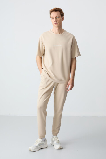 Bej Pamuklu Kalın Yumuşak Dokulu Oversize Fit Basic Erkek Eşofman Takım - 85261 